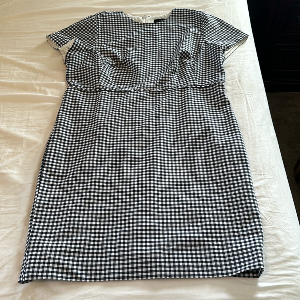 J Crew size 18 navy blue gingham fitted short sleeve crew neck dress